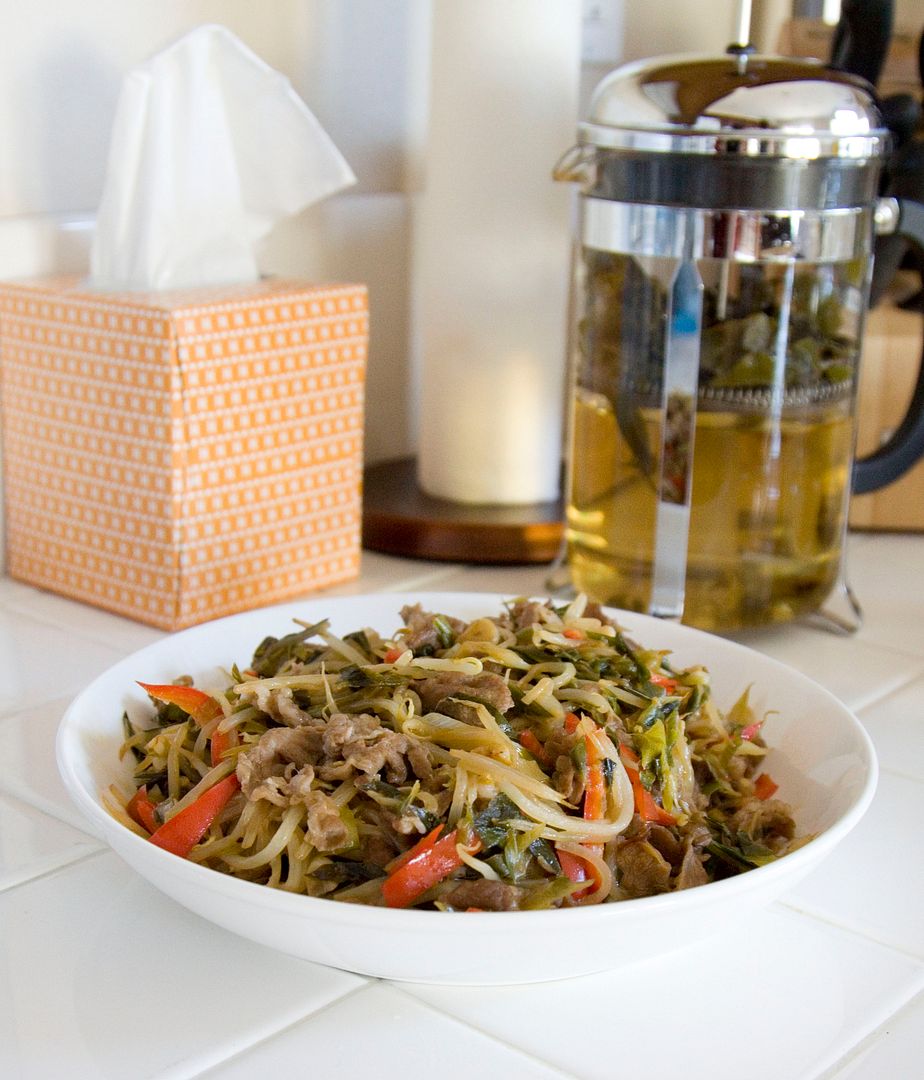 Food Makes Me Happy Lamb Stir Fry with Jalapeño, Bean Sprouts, and Leek